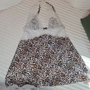 Victoria's Secret White Lace Halter Chemise Leopard Nighty